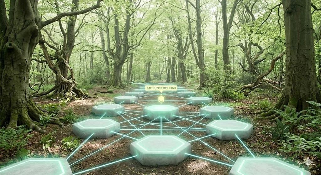 A view of an ancient forest path. The path is built from large, glowing hexagonal stones that visualize a modern server cache network. The stones are connected by mint-green light trails, and a light-yellow icon reads 'CACHE_PRIORITY: HIGH,' illustrating a technical SEO concept.
