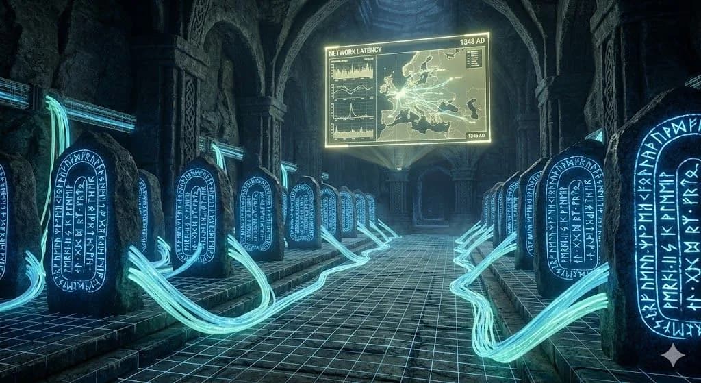 An ancient underground vault where dark granite runestones serve as a server farm. The stones pulse with light-blue scrolling data runes, and are connected by mint-green light cables. A holographic latency map displays technical SEO data within the medieval fantasy setting.