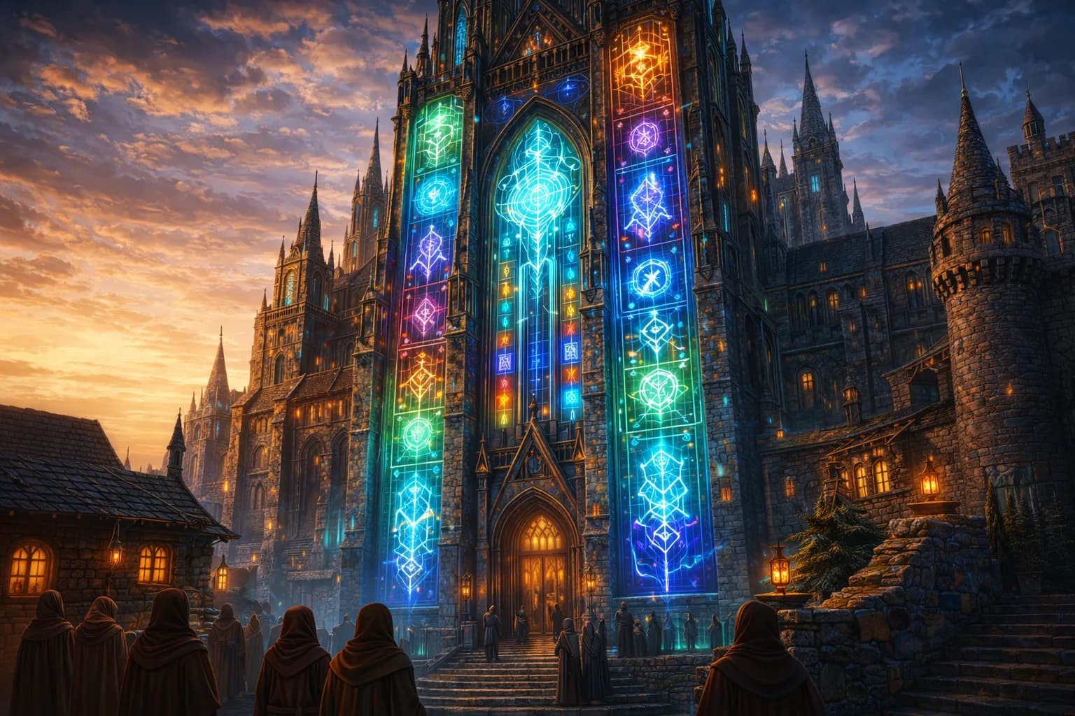 A low-angle view of a massive, detailed gothic stone cathedral glowing with vibrant, neon stained-glass panels at dusk. The central window radiates brilliant blue cybernetic symbols, flanked by vertical panels filled with multi-colored, futuristic digital runes in green, purple, and orange.