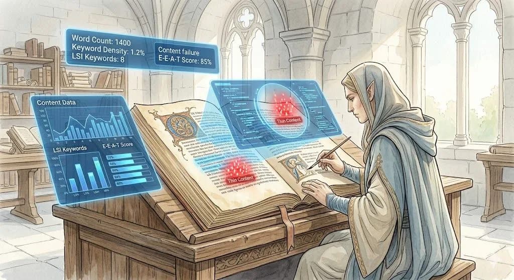 A scribe in a light-filled scriptorium, looking through a digital lens that shows a detailed content-focused site audits overlay of an illuminated manuscript.