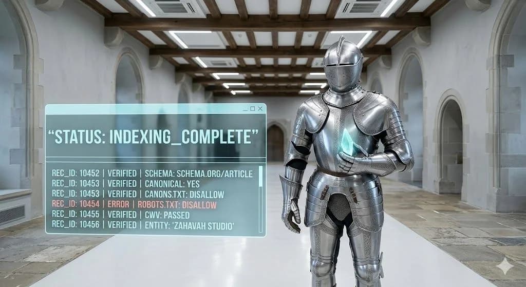 A silver knight viewing a digital status report confirming successful indexing of web assets.