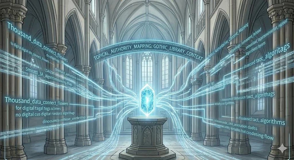 A massive gothic library showing the interconnected nature of digital indexing through light-based data threads.