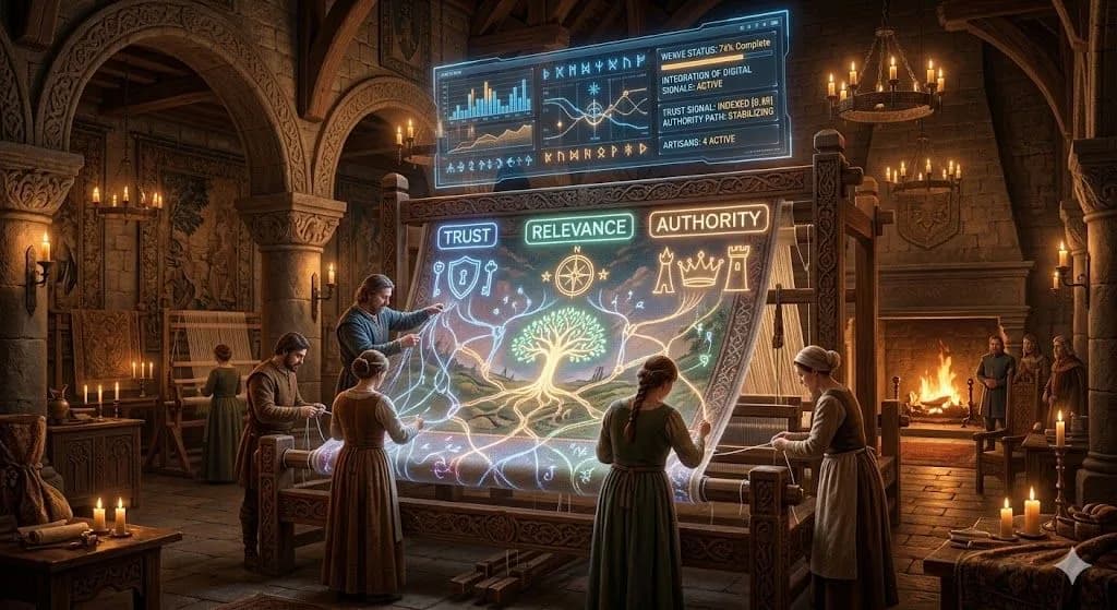 Medieval artisans weaving a vast banner illustrate how long-term SEO is built gradually through patience and consistency.