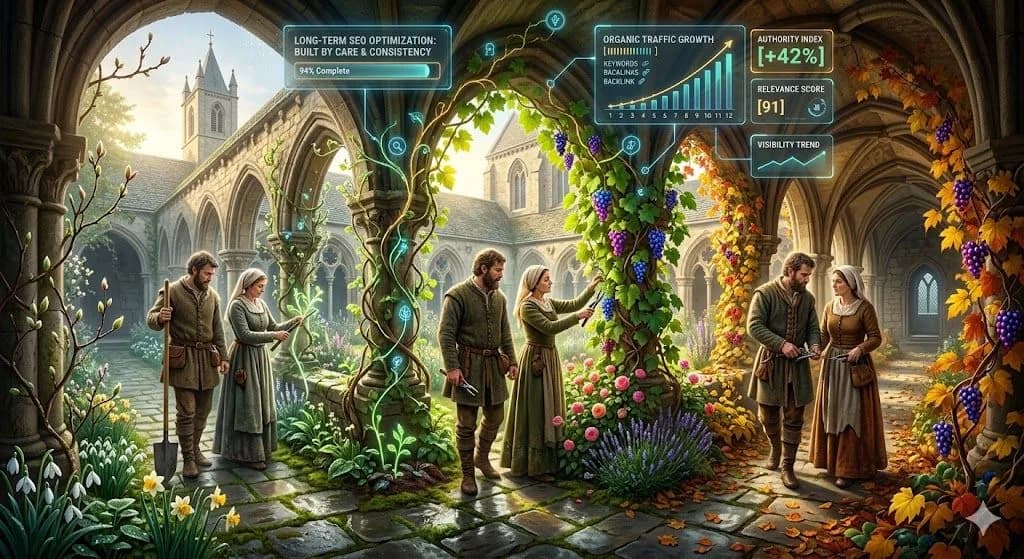A medieval garden tended over time shows how long-term SEO grows through steady care rather than a one-time campaign