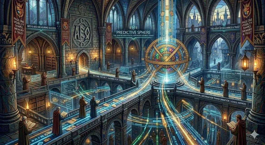 A medieval glass labyrinth guiding glowing data beams toward useful manuscripts represents AI-search optimisation for better retrieval and interpretation.