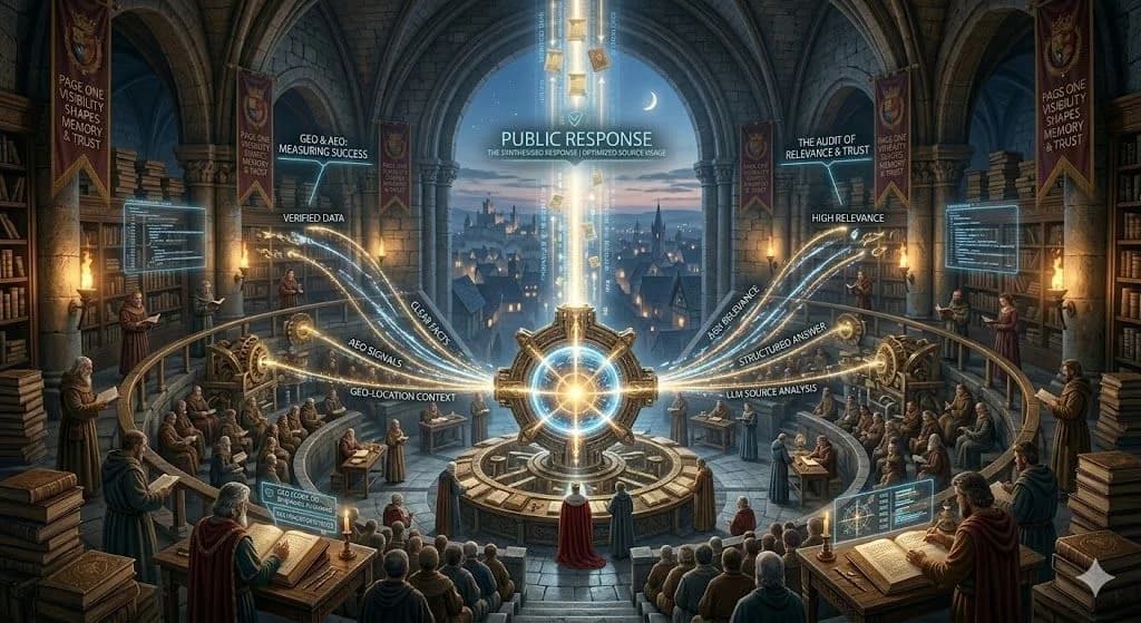 A medieval mechanical oracle turning trusted scrolls into clear responses illustrates AI-search optimisation for intelligent search visibility.