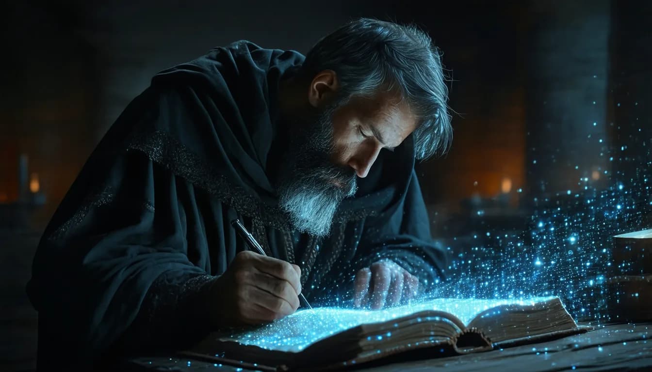 A medieval scholar writing in a glowing book represents AI-search optimisation as the craft of shaping content for AI-powered answers.