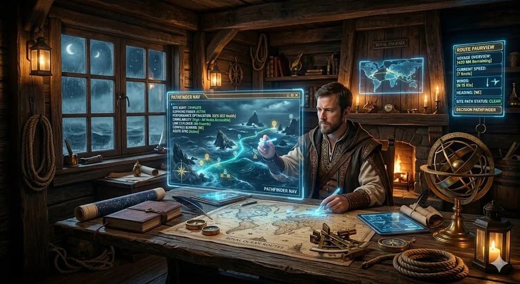 A medieval navigator’s cabin with charts and compasses shows how seo tools guide businesses with insight and direction.