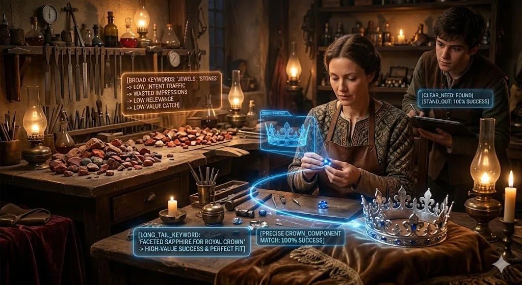 A medieval herbarium selecting one exact remedy shows how long-tail queries help AI match answers to specific user needs.