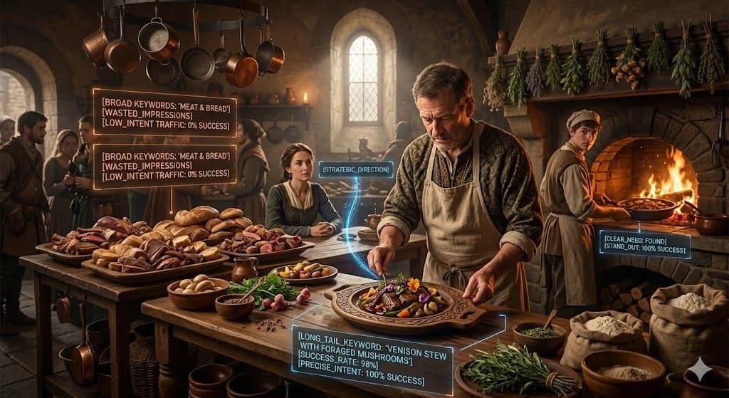 A medieval cook plating a specific venison stew while broad dishes go ignored, illustrating how a precise long-tail keyword satisfies clear intent better than generic terms.