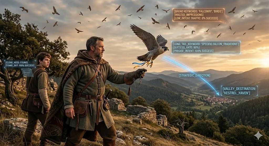 A medieval falcon tower selecting detailed question scrolls illustrates how long-tail queries help AI produce better answers.