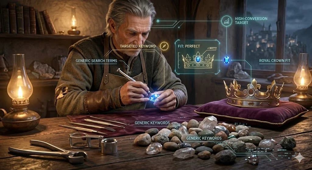 A medieval jeweler shaping one rare gem for a perfect fit illustrates how a long-tail keyword can transform SEO strategy by targeting more valuable opportunities.