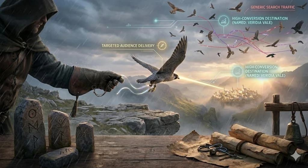 A medieval falconer sending one bird to a precise destination shows how a long-tail keyword can transform SEO strategy through better audience targeting