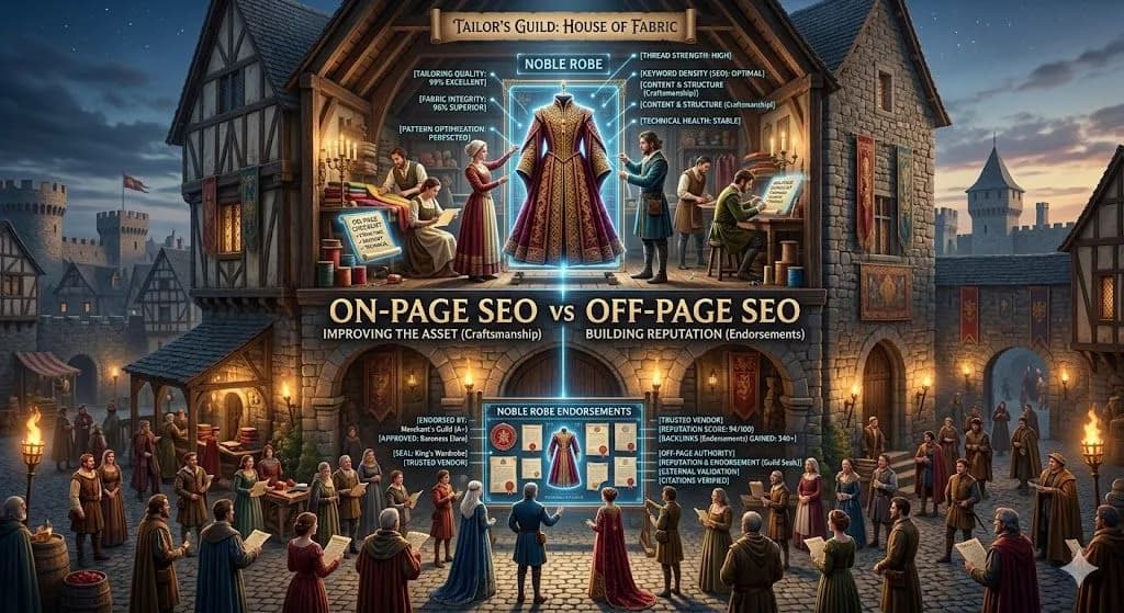 A medieval tailor refining a robe indoors while endorsements gather outside illustrates On-Page SEO vs Off-Page SEO clearly.