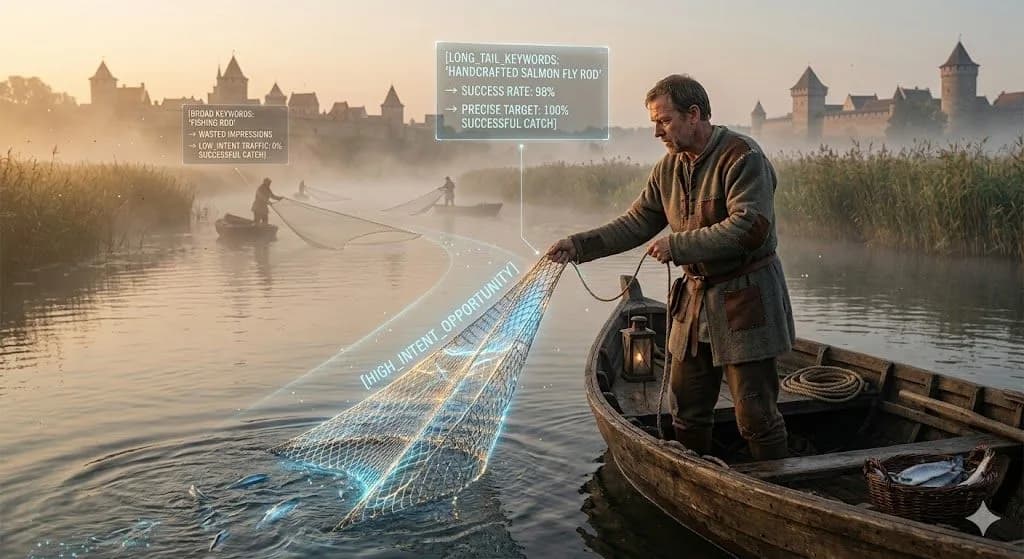 A medieval fisherman casting into one exact current shows how long-tail keywords help small businesses focus on better opportunities.