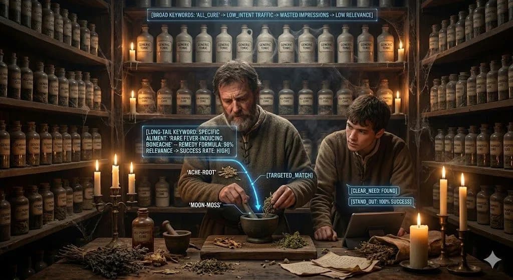 A medieval apothecary creating a specific remedy shows how long-tail keywords help small businesses match clear customer needs.