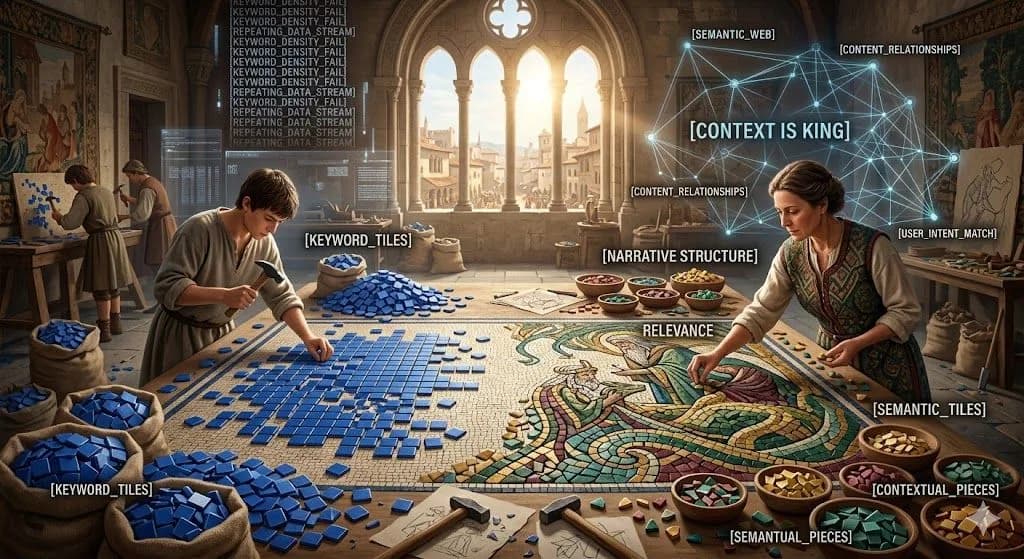 A medieval mosaic ruined by repeated tiles shows why Keyword stuffing fails when AI search looks for meaning and context.