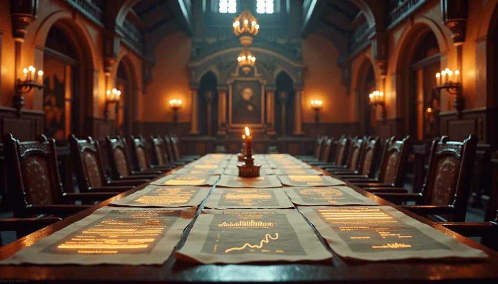 Long medieval council table covered with glowing performance reports and charts, representing SEO reporting and site analysis in Bing Webmaster Tools.