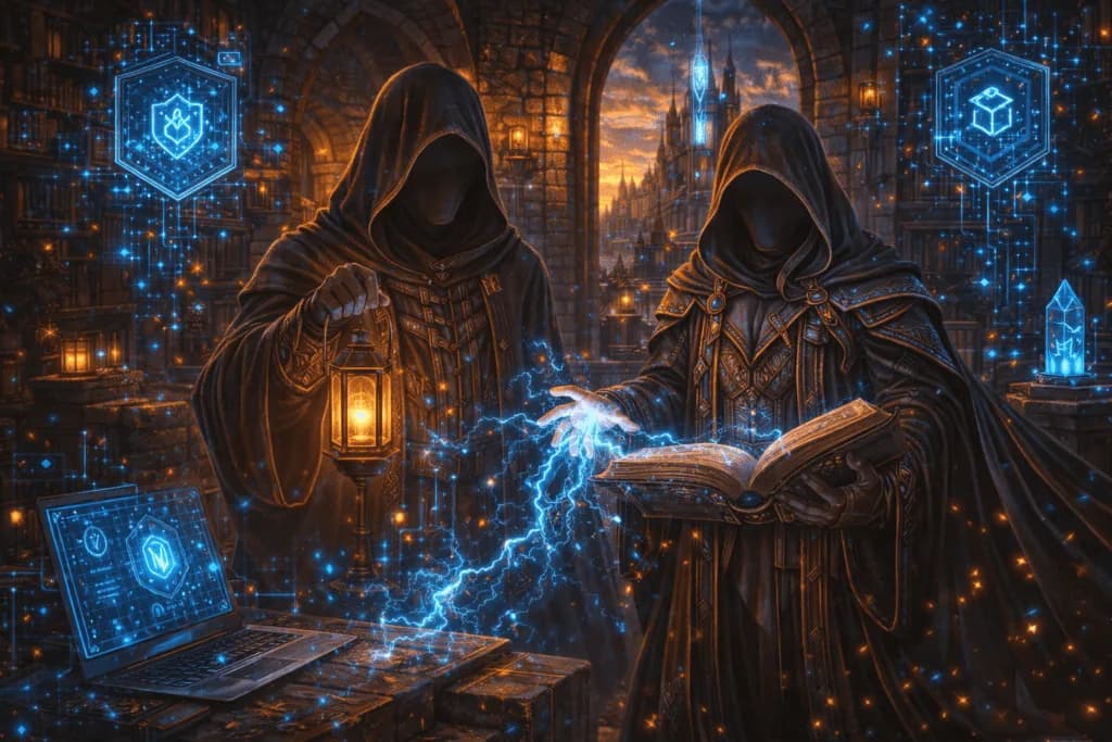 Two hooded figures using a magical book and laptop with blue digital overlays to represent technical SEO and site analysis in Bing Webmaster Tools.