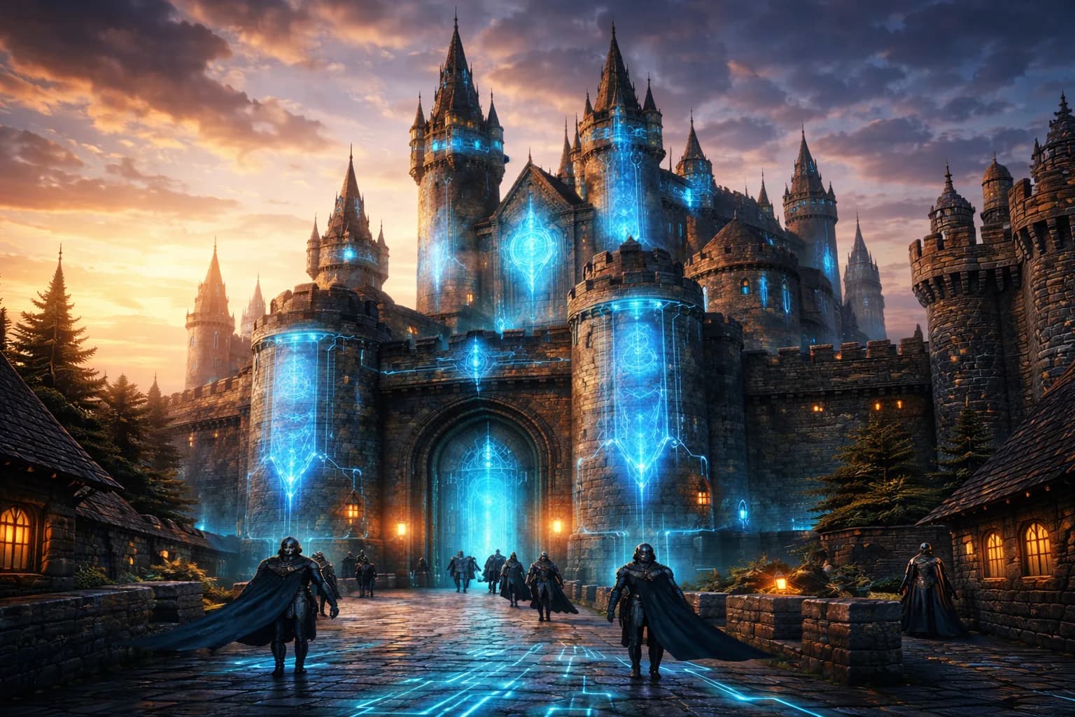 Futuristic medieval castle with glowing blue interface details symbolising site monitoring and webmaster insights in Bing Webmaster Tools.