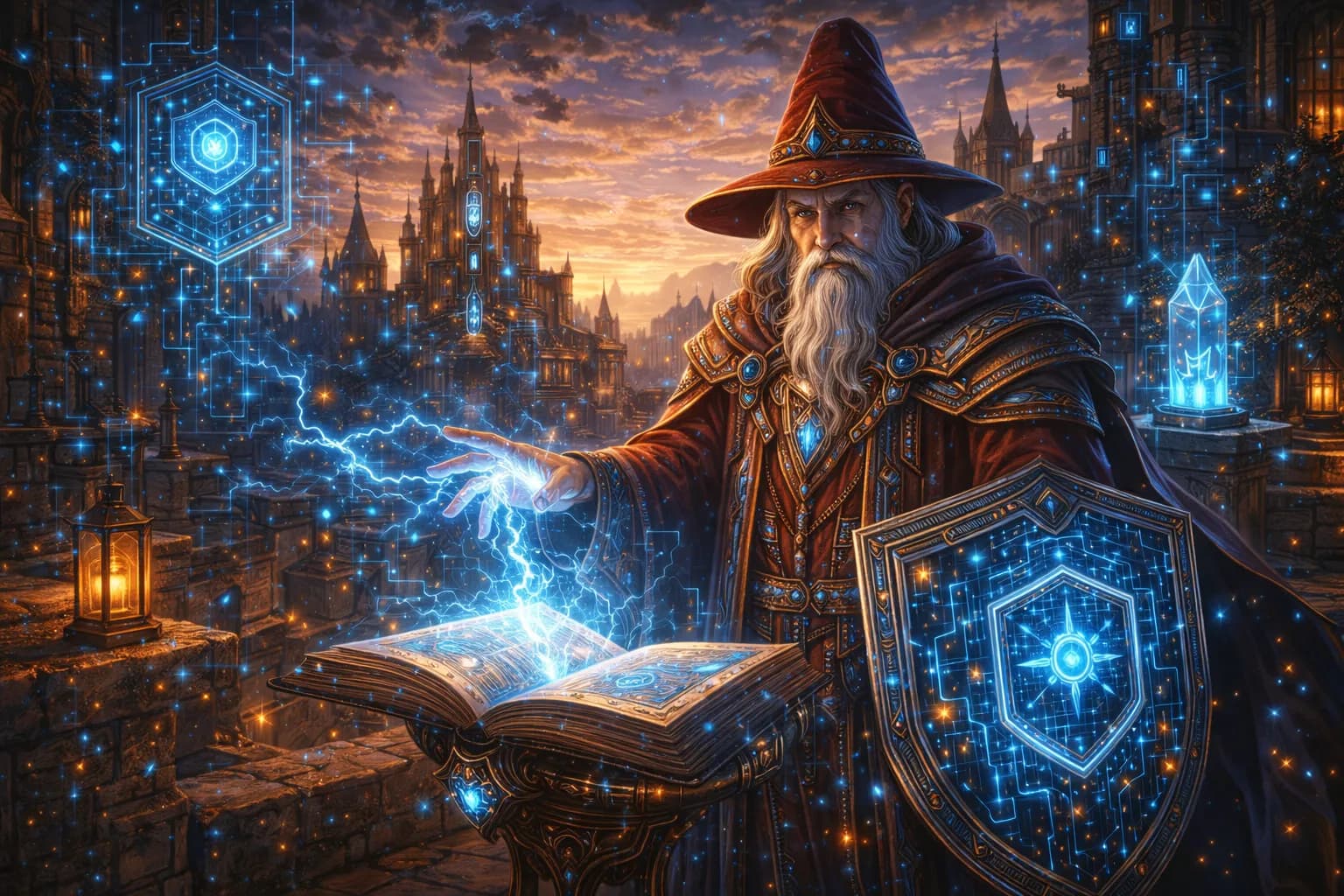 Fantasy wizard using glowing digital magic and dashboard symbols to illustrate the comparison between GA4 and Microsoft Clarity.