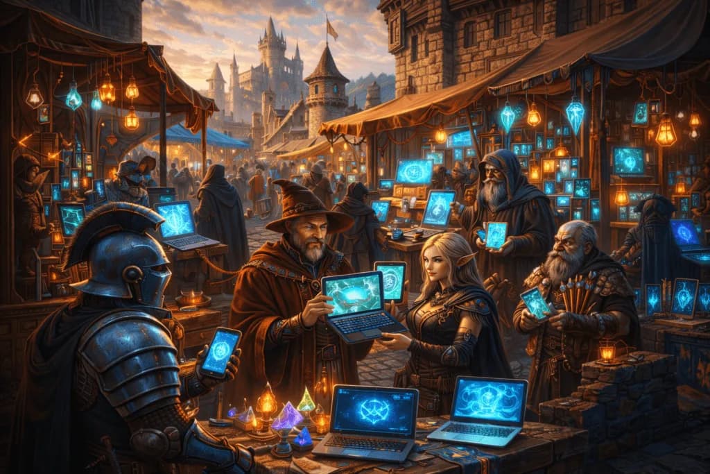 Fantasy marketplace filled with glowing laptops, tablets, and digital screens, representing beginner-friendly GA4 tools and analytics learning.