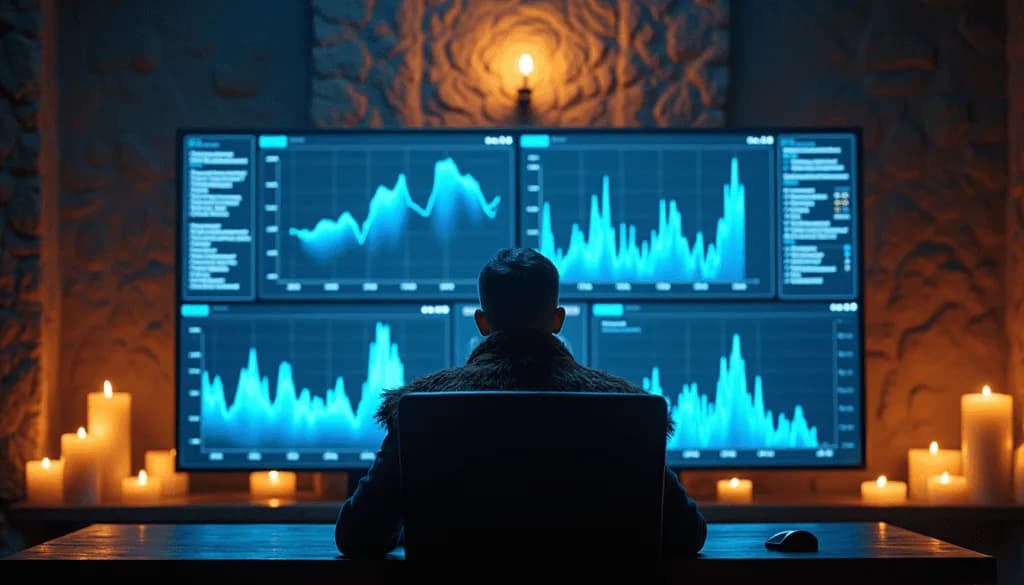 Person studying GA4-style analytics charts on large monitors in a candlelit medieval-modern room.