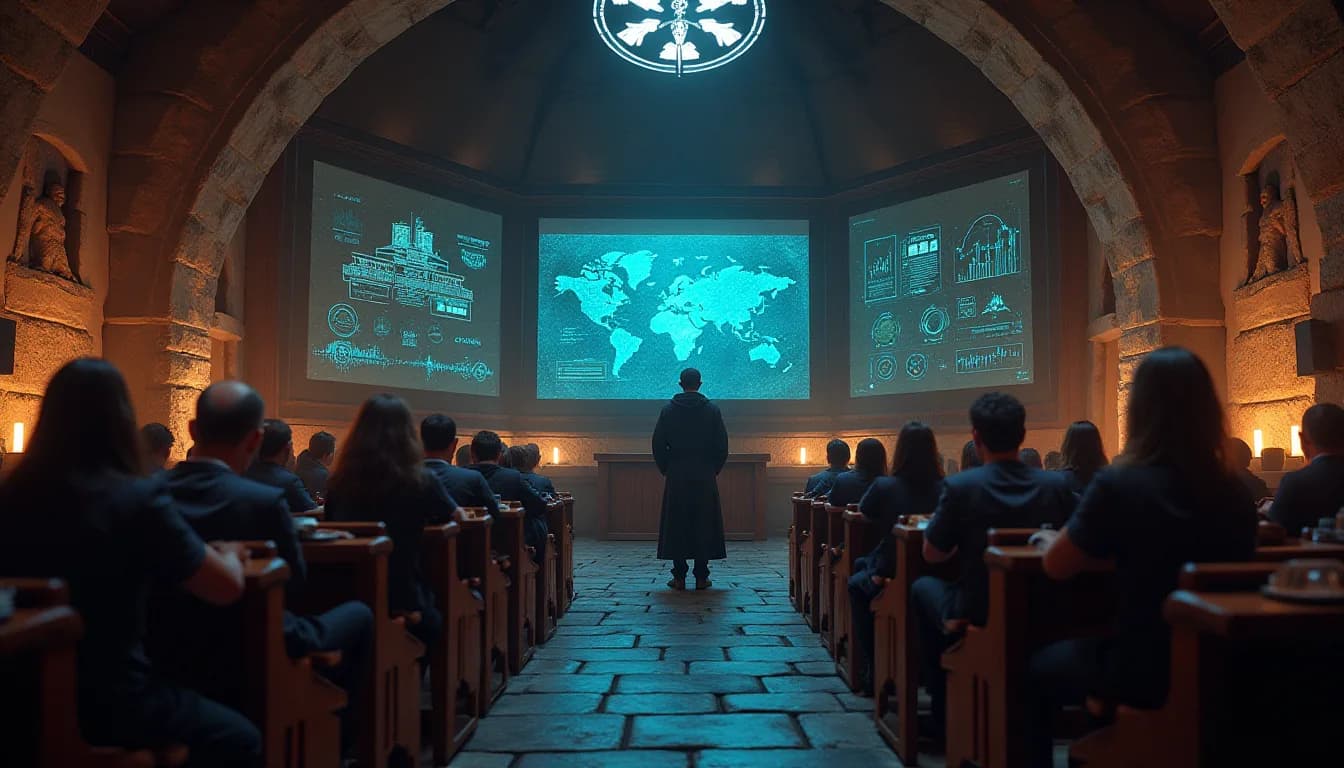 Presenter standing in a medieval-style hall with large digital screens showing maps and analytics dashboards for GA4 beginners.