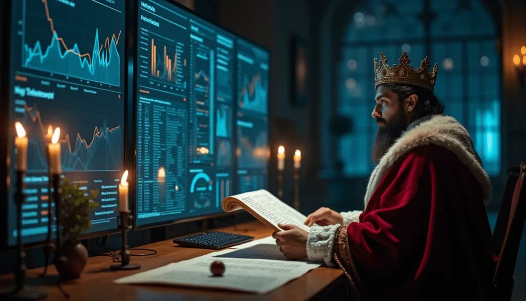King in royal robes reviewing a large analytics dashboard with charts and metrics, representing SEO reports and performance insights.