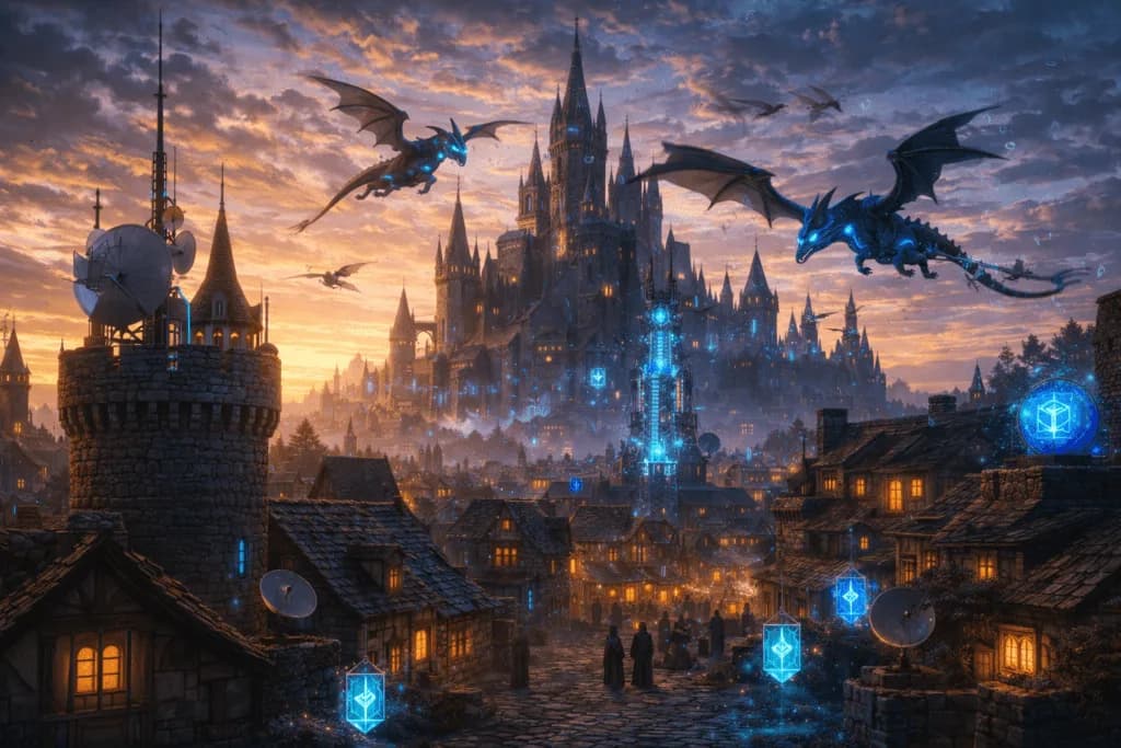 Medieval castle city with flying dragons and glowing blue tech elements, illustrating a broad SEO reporting and monitoring ecosystem.