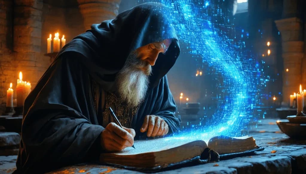 Hooded medieval scribe writing in a large book beside a glowing blue digital data stream, symbolizing SEO reporting and analysis.