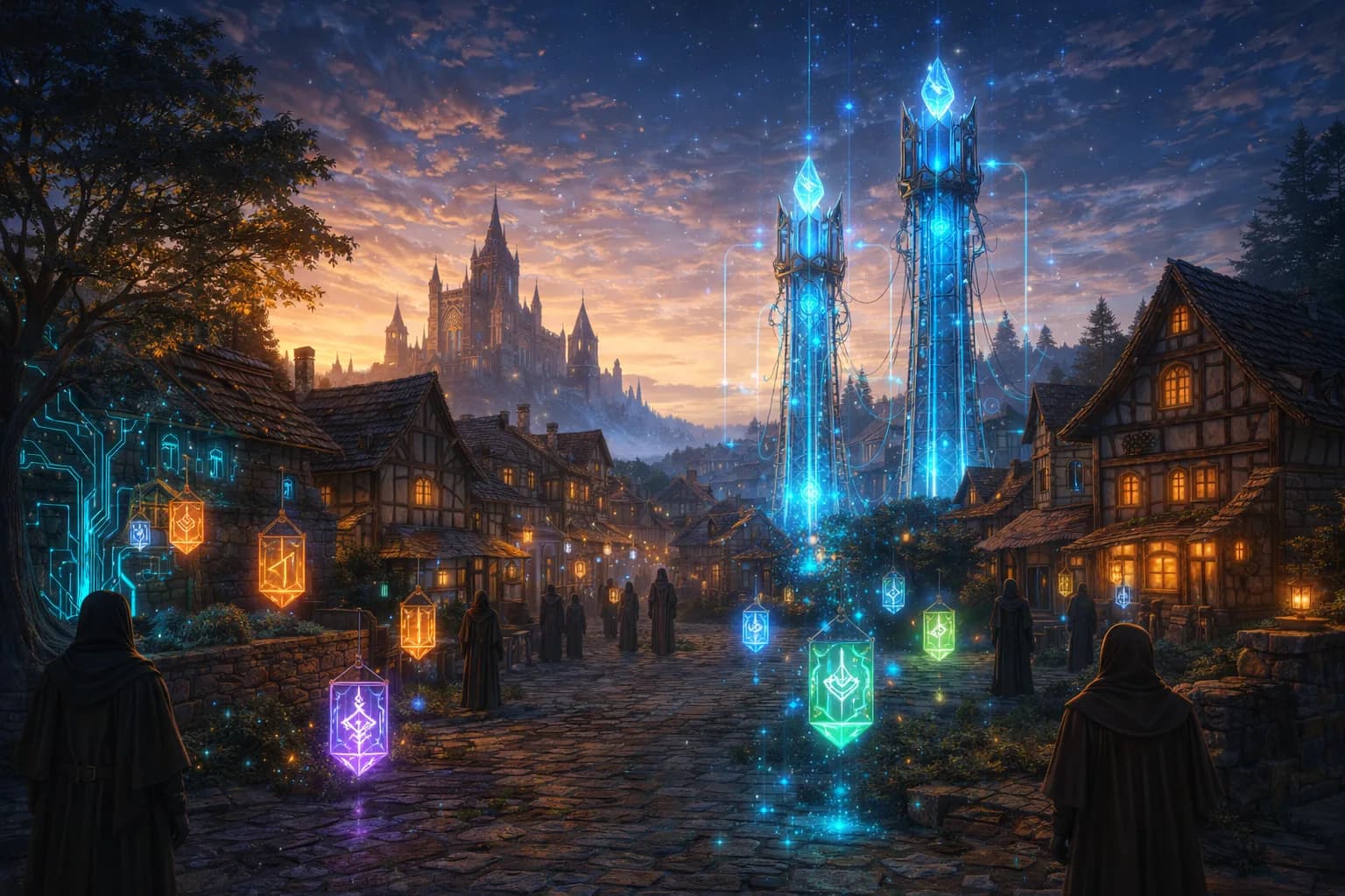 Fantasy village with glowing digital towers and floating data symbols, representing connected SEO reports and performance tracking.