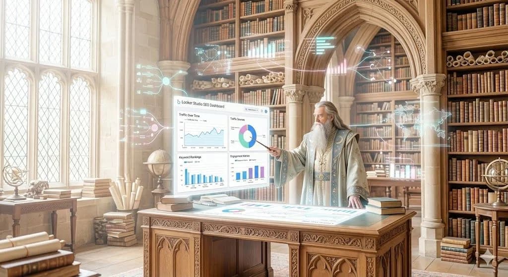A fantasy wizard analyzes complex data from a modern Looker Studio SEO Dashboard.