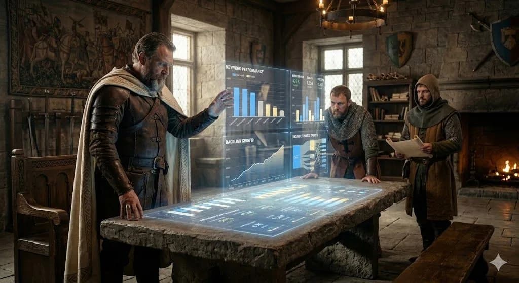 A medieval guild master in a war room analyzes a holographic projection of a Looker Studio SEO dashboard, representing data-driven strategy.