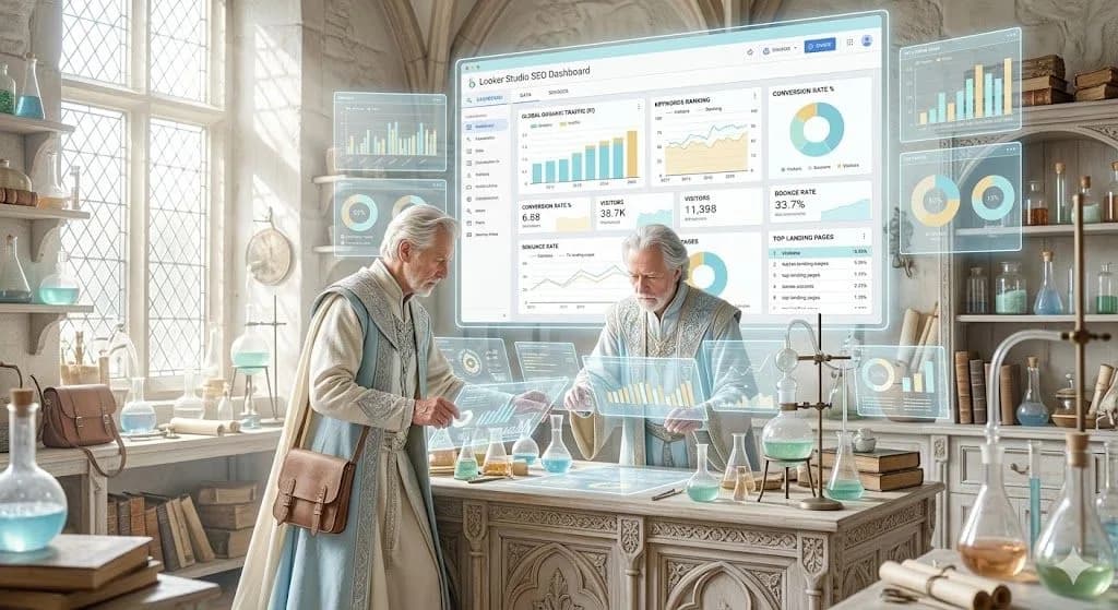 A medieval alchemist uses modern digital interfaces and a Looker Studio SEO dashboard projection.