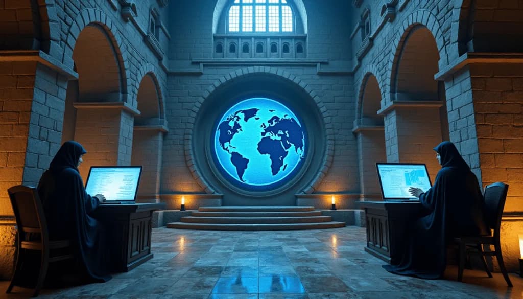Medieval-inspired SEO Metrics 2026 scene with two cloaked analysts reviewing global search analytics on laptops in front of a glowing world map