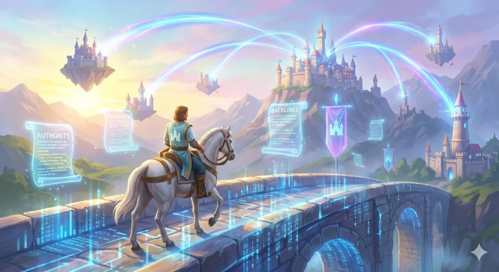 A knight on a white horse. on a glass bridge. A mystical castle in the distance. Sumbolysing SEO metrics.