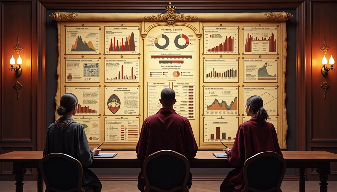 SEO Metrics 2026 parchment-style dashboard showing charts, graphs, and performance reporting reviewed by a team in a medieval-modern setting