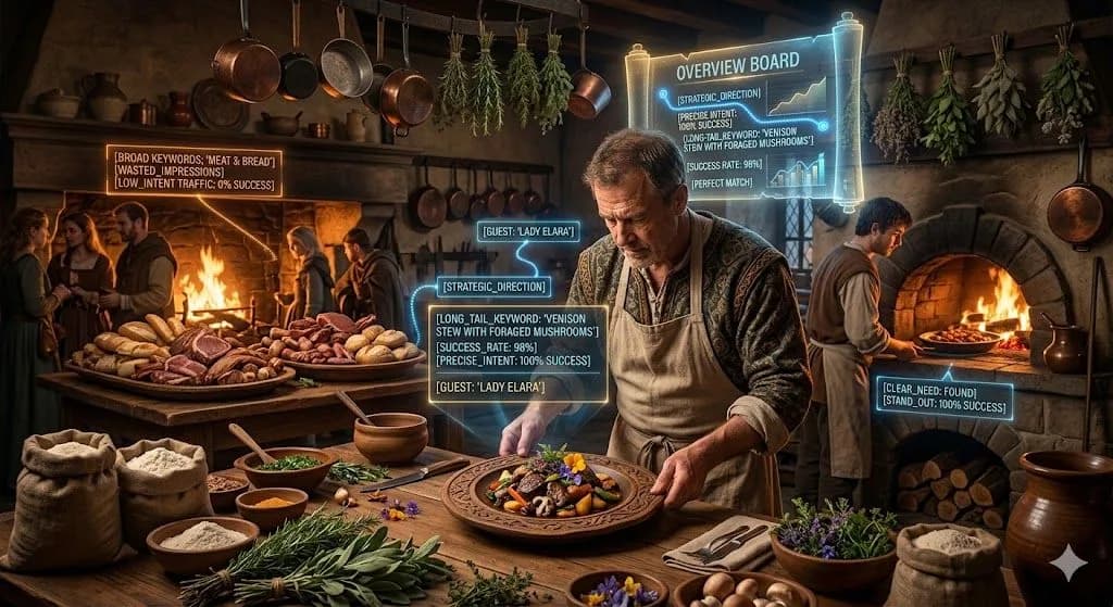 A medieval kitchen selecting one exact recipe for one guest shows why long-tail keywords help content surface in AI overviews.