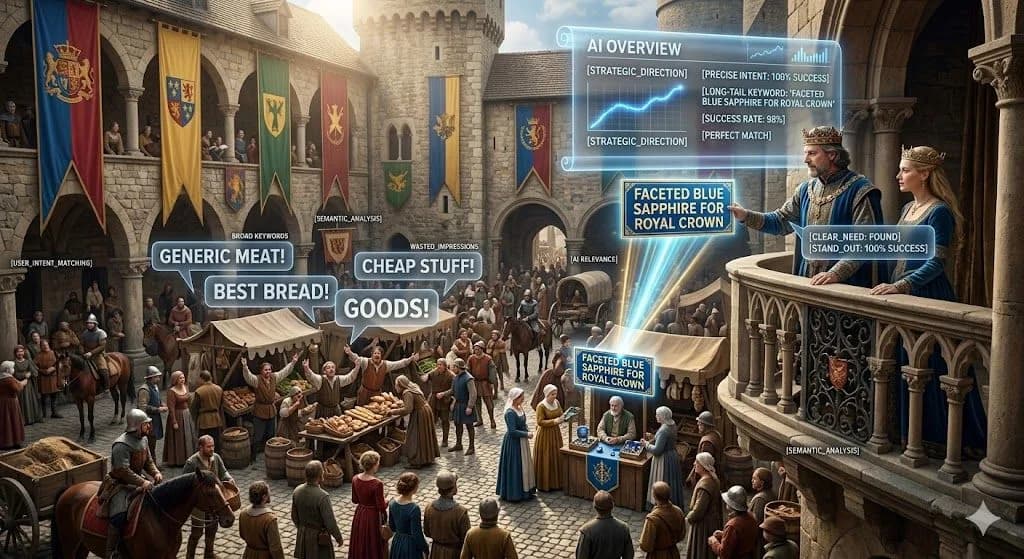 A medieval market stall with a precise glowing sign rising into a royal summary scroll shows why long-tail keywords dominate AI overviews.