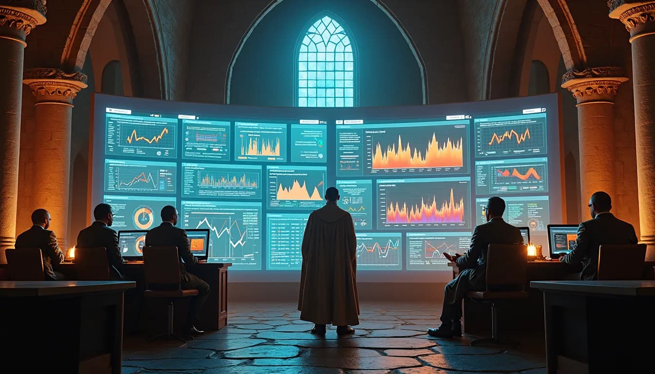 Team in a grand medieval hall reviewing a large analytics dashboard with search trends and performance charts inspired by Google Search Console.