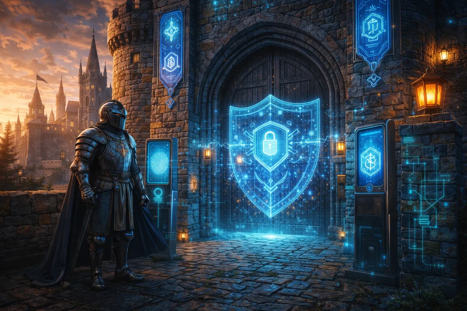 Castle entrance protected by a glowing digital shield and security interface, symbolizing site protection, indexing, and technical monitoring in Google Search Console.