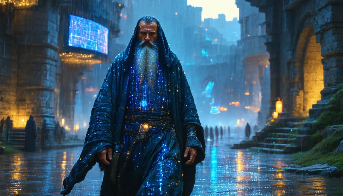 Hooded figure walking through a medieval-meets-modern city with glowing digital displays, representing search performance and technical SEO insights in Google Search Console.