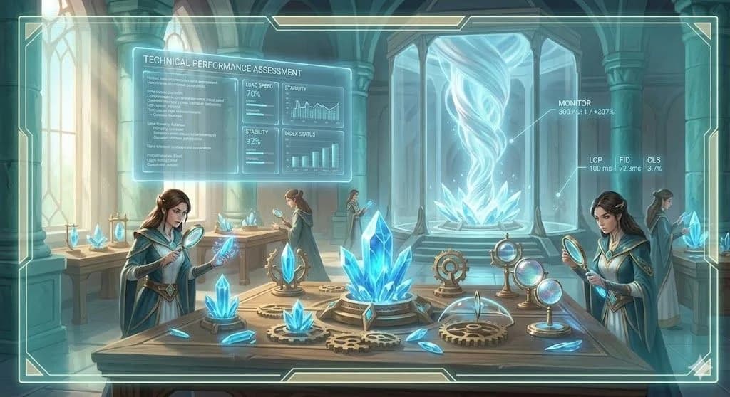 This detailed fantasy photograph shows a subterranean guild laboratory defined by light, teal stone and polished bronze machinery. Inside a large, sunlit glass chamber, the massive, central crystal vortex from image_5.png pulses. The chamber is maintained by multiple female guild artificers wearing glowing blue lenses. A large, complex holographic interface overlay, like image_5.png's, floats in the background, displaying white white text charts and graphs labeled 'TECHNICAL PERFORMANCE ASSESSMENT' and 'CORE METRICS', featuring metric labels for 'LOAD SPEED', 'STABILITY', and 'INDEX STATUS'. Floating data points monitor LCP, FID, and CLS. A subtle, glowing teal border frames the entire scene. Created for Small Business SEO visualization.