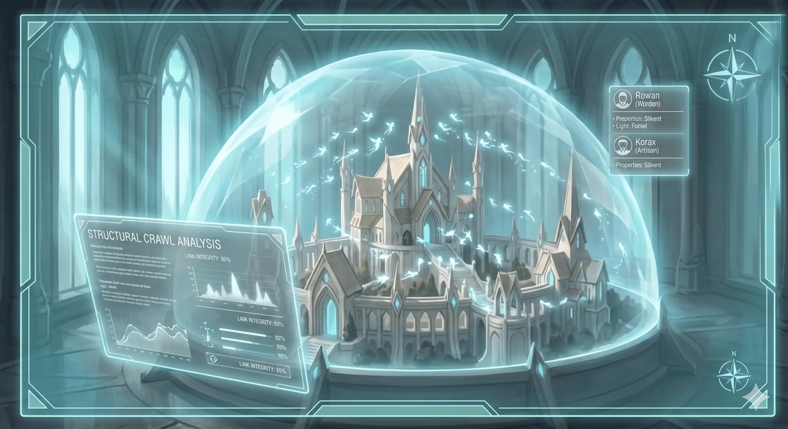 A glowing crystal model of a medieval guildhall with floating data panels shows how to do a site audit to uncover what holds a site back.