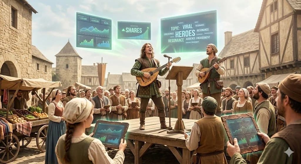 A medieval bard performs in a sunny marketplace with visible modern analytics on floating digital screens, representing content performance and audience engagement.
