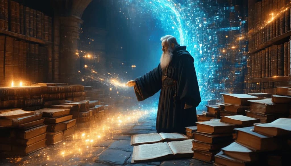 Wise scholar in a magical library exploring SEO heatmaps, search behavior data, and digital insights through a glowing portal