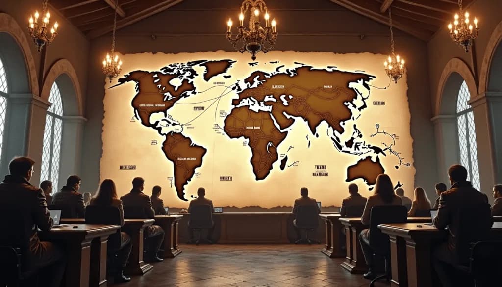 Boardroom viewing a large world map styled as an SEO heatmap for global traffic analysis and user interaction insights