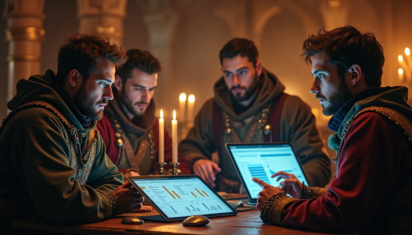 A medieval study hall with glowing interaction maps marks where visitors click, representing SEO Heatmaps for user behaviour analysis.