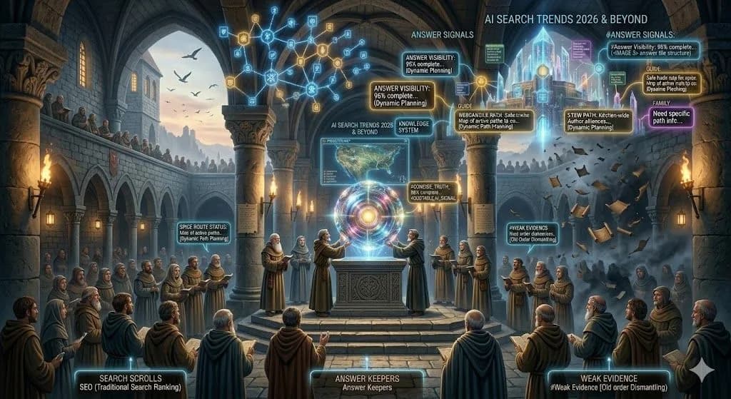 Two medieval monks at a wooden desk writing an illuminated manuscript, transitioning from a traditional ranking ladder to a glowing, futuristic orb representing AI search engines. A neon overlay highlights concepts like precise extraction signals and single authoritative path mapping, illustrating how AI answer engine optimization shifts the traditional SEO cost structure toward content authority.